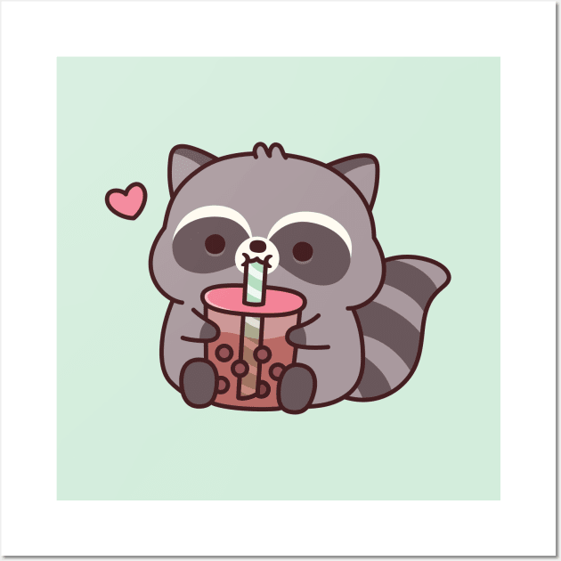 Cute Chubby Raccoon Loves Bubble Tea Wall Art by rustydoodle